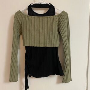 Ribbed Olive and Black Off-Shoulder Top